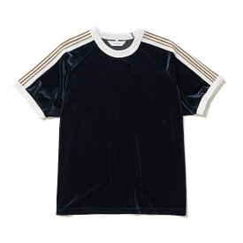 Sasquatchfabrix. サスクワァッチファブリックス トリムベロアTシャツ カットソー メンズ トップス 半袖 ネイビー LACE TAPE VELOUR T-SHIRT -NAVY-