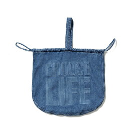 Sasquatchfabrix. サスクワァッチファブリックス デニム巾着バッグ 鞄 ヘルメットバッグ ブルー "KATHARINE HAMNETT" DENIM HELMET BAG -CHOOSE LIFE-