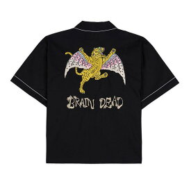 BRAIN DEAD ブレインデッド ハーフジップシャツ メンズ トップス 半袖 Lサイズ 刺繍 FLYING TIGER SHORT SLEEVE WESTERN SHIRT -BLACK-