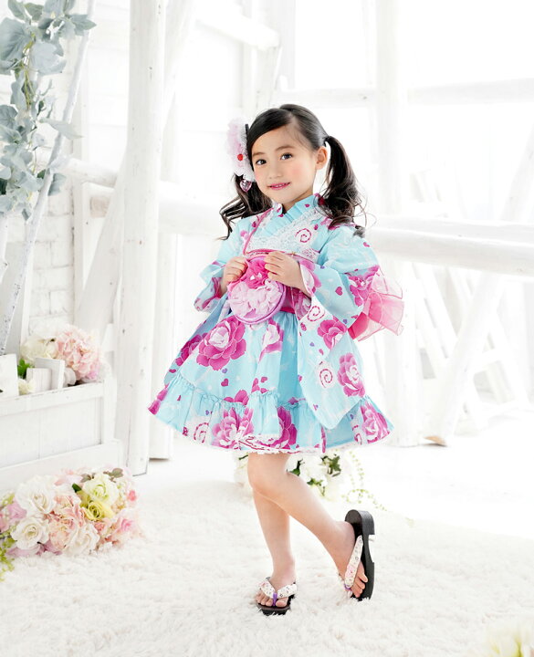 市場 浴衣 女の子 浴衣ドレス ふわふわ キッズ 子供 浴衣セット 帯 ２点セット こども用 ゆかた 子供浴衣 子ども 浴衣ドレスセット