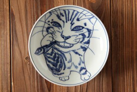 染付小皿 にぼし 清水焼 陶磁器 京都 手書き ネコ 絵付け 和食器