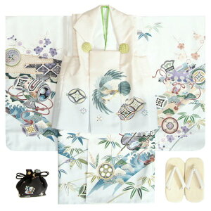 七五三 男の子 3歳 被布着物セット 白地 鷹 松竹梅 絵羽柄 被布淡ベージュシルバー染め分け 白半襟に足袋付きセット 日本製