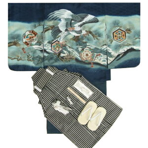 七五三 着物 男の子 5歳 男児着物袴セット 紺地 荒波飛翔鷹 黒縞袴 12点セット 足袋付きセット