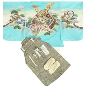 七五三 男の子 5歳 男児着物袴セット 水色地羽織 白地着物 兜 グレー金華紋袴 5歳 12点セット 足袋付きセット