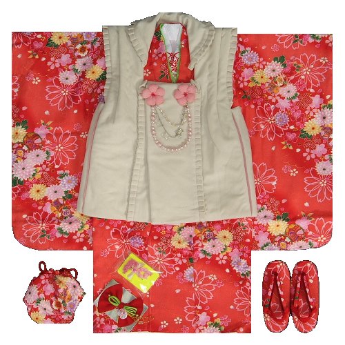 七五三 着物 3歳 女の子 被布セット マユミ 赤地 被布ベージュフリルタイプ パール飾り付き 刺繍半衿に足袋も付いたフルセット