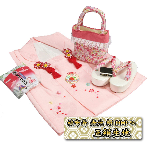 七五三 3歳から5歳用 正絹被布草履バッグセット ピンク 鈴 桜柄 被布ピンク地 足袋付きセット 日本製のサムネイル