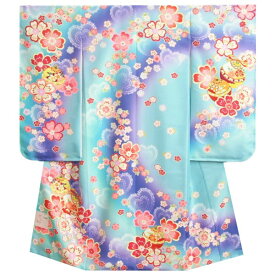 七五三 着物 7歳 女の子 四つ身着物 濃淡水色紫ぼかし流れ染め 重ね桜 金駒刺繍 日本製