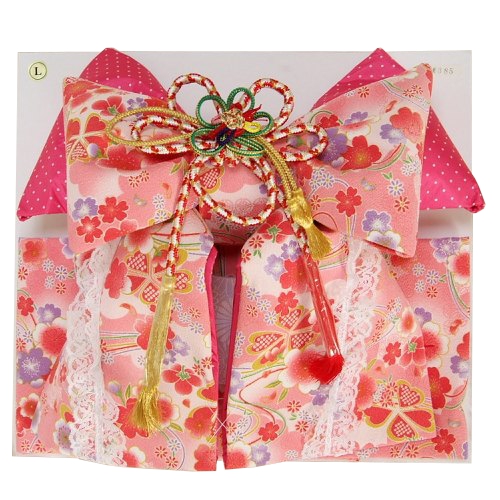 七五三着物用祝い帯　７歳用　ピンク地　桜柄　ちりめん生地　レース付き　飾り紐付き　日本製