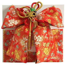 七五三着物用祝い帯　7歳用　赤　桜　友禅柄　飾り紐付き　大サイズ　日本製