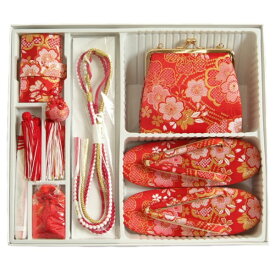 七五三 7歳 草履バッグ筥迫セット 箱セコセット 赤地 三色桜柄 桐生織生地 バッグに草履の付いた6点セット 日本製