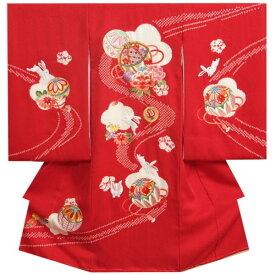 お宮参り 着物 女の子 正絹初着 赤色 本絞り 手染め まり うさぎ 刺繍使い 吹雪地紋生地 日本製