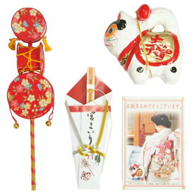 お宮参り着物用 でんでん太鼓とミニ犬張子の付いたお宮参り小物3点セット 女の子向き 日本製