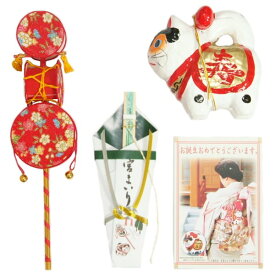 お宮参り着物用 でんでん太鼓とミニ犬張子の付いたお宮参り小物3点セット 男の子向き 日本製