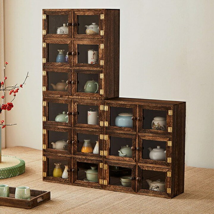 楽天市場】木製ラック 茶器収納棚 防塵収納 クリアドア付き 展示棚 