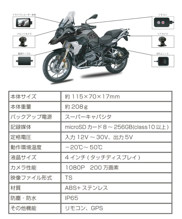 楽天市場】バイク用ドライブレコーダー 前後 2カメラ 4インチ 液晶 タッチパネル GPS フルHD スーパーキャパシタ 防水 防塵 IP65 1年保証 バイク オートバイ 原付 USB ドラレコ バイクドラレコ バイクドライブレコーダー 録画 12V ACC電源 USB電源 GPS搭載 : KYPLAZA 楽天 ... 楽天市場】バイク用ドライブレコーダー 前後 2カメラ 4インチ 液晶 タッチパネル GPS フルHD スーパーキャパシタ 防水 防塵 IP65 1年保証 バイク オートバイ 原付 USB ドラレコ バイクドラレコ バイクドライブレコーダー 録画 12V ACC電源 USB電源 GPS搭載 : KYPLAZA 楽天 ...