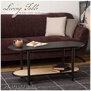 リビングテーブル W100×D43×H46cm テーブル リビングテーブル センターテーブル 飾り棚 楕円 丸 ラタン 二段 2段 北欧 韓国インテリア シンプル ナチュラル 寝室 ソファーサイド ブラック 黒 ホ