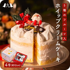 予約受付 クリスマス限定【クリスマスケーキ 5種のフルーツ入りホイップクリームケーキ 4号（12cm）】飾りセット付き 2人用 生クリーム サンタ 宅配 飾り デコレーション 子供 ホールミニ 小さめ 冷凍 お取り寄せ ギフト プレゼント 送料無料 Xmas X'mas クリスマス 2025