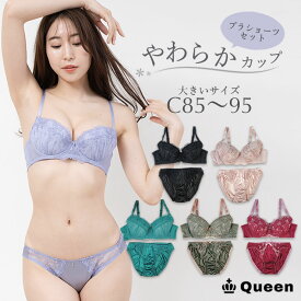 大きいサイズ ブラジャー ショーツセット 上下セット ブラセット レディース 下着 C85 C90 C95 やわらか 刺繍レース ぽっちゃり ソフト