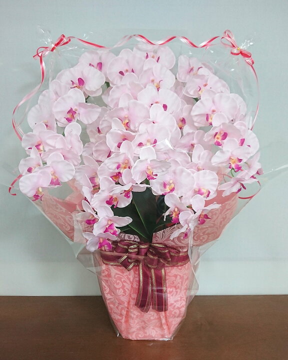 楽天市場 アーティフィシャルフラワー 造花 胡蝶蘭鉢植え ５本立 ライトピンク プラスチック鉢に色紙ラッピング 光触媒コーティング ラ コムス