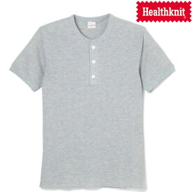ヘルスニット Healthknit ベーシックワッフル ヘンリーネック 半袖Tシャツ Waffle Henley 601S ヘザーグレー 送料無料