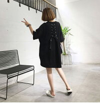 Tシャツ7分袖レディースカットソートップスビッグロングラウンドネックおしゃれ可愛いブラックメール便2019春夏新作L/XL/2XL【8860-gt435c】【予約販売:15-20日】【送料無料】メ込
