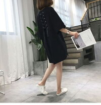 Tシャツ7分袖レディースカットソートップスビッグロングラウンドネックおしゃれ可愛いブラックメール便2019春夏新作L/XL/2XL【8860-gt435c】【予約販売:15-20日】【送料無料】メ込