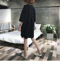 Tシャツ7分袖レディースカットソートップスビッグロングラウンドネックおしゃれ可愛いブラックメール便2019春夏新作L/XL/2XL【8860-gt435c】【予約販売:15-20日】【送料無料】メ込