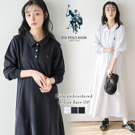【半額クーポン対象】U.S. POLO ASSN. 別注 ロングワンピース ロゴ刺繍 ワンポイント刺繍 ポロ襟 襟付き …