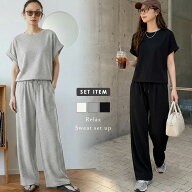 【半額クーポン対象】セットアップ ワイドパンツ ロールアップ袖 上下セット スウェット 半袖 ゆったり …