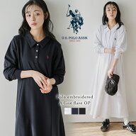 【クーポンで3,980円】U.S. POLO ASSN. 別注 ロングワンピース ロゴ刺繍 ワンポイント刺繍 ポロ襟 襟付き…