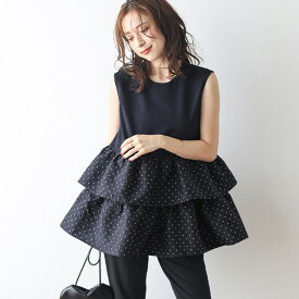 【半額クーポン対象】Lajour made in Japan 日本製 ペプラム トップス ティアード ドット キレイめ フェミニン ノースリーブ レディース おすすめ おしゃれ フリーサイズ ラジュール 2025秋冬新作 【laj-tp052】【即納：1-5営業日】【送料無料】宅込