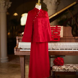 チャイナ風 婚約 赤 チャイナドレス レディース ファッション 若見え 長袖 ウェディング パーティー モーニングガウン 春 ロング レトロ セレモニー