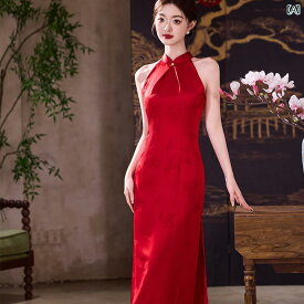 赤 チャイナ ドレス 婚約 ブライダル 衣装 ノースリーブ 女性 スリム フィット 夏 カジュアル エレガント