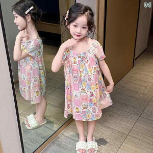 子供用 キッズ パジャマ ワンピース 部屋着 ルームウェア ナイトウェア かわいい プリント 柄物 赤ちゃん用品 涼感 ナイトドレス 夏 薄手 クマ