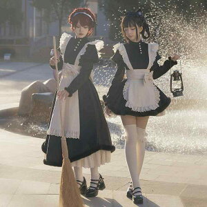 ロリータドレス ワンピース エプロン レース フリル 黒 長袖 メイド 執事 アニメ風 修道院 教徒 コスプレ ゴシック クラシック エレガント レトロ ハロウィン 衣装