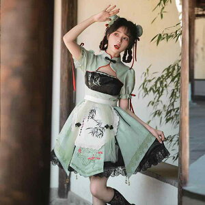 ガーリー チャイナドレス ワンピース 付け袖 リボン エプロン レース 刺繍 レース袖 ロースカート 半袖 衣装 緑 春 エレガント フェミニン モダン 伝統 クラシック