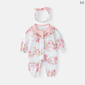 ロンパース カバーオール ジャンプスーツ 新生児 綿 ベビー 長袖 春 秋 服 女 赤ちゃん パジャマ 外出着 かわいい ヘアバンド りぼん 花柄
