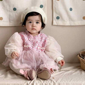 ワンピース ロンパース ベビー 服 女の子 赤ちゃん 長袖 秋 冬ドレス 新生児 厚手 スカート かわいい プルオーバー アプリコット 中国風 お出かけ 子供用