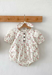 ベビーウェア 夏 赤ちゃん 女の子 韓国 コットン プリント フリル カバーオール ロンパース ヘアバンド付 半袖 プルオーバー ラウンドネック 薄手 軽量 柔らかい 動きやすい お出かけ 外出