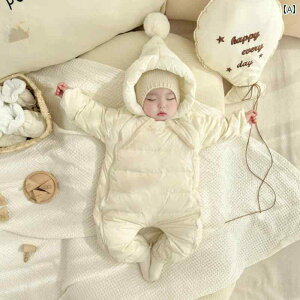 ベビー カバーオール フード付き つなぎ 赤ちゃん 子供 冬 服 ソリッドカラー ダウン 男の子 厚手 あったか 保温 防寒 長袖 ロンパース お出かけ シンプル