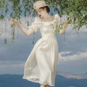 ワンピース レディース ウェディングドレス風 高級感 シンプル 清楚女子 フェミニン レース フレアスカート ガーリー ウエストシェイプ お姫様風 誕生日会 胸元フリル