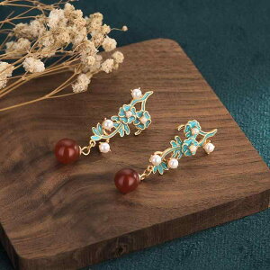 ピアス レトロ 漢服 アクセサリー ナショナル アンティーク エスニック アクセサリー 七宝焼き エナメル フェイク バーント ブルーパール フォレスト