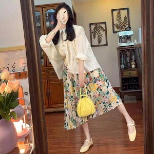 マタニティ スーツ 春秋 ファッション ハイエンド 老化 人形 襟 トップ 長袖 シャツ 花柄 スカート 2 点 セット 妊婦 ミモレ丈 レディース