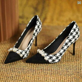 レディース シューズ 靴 ワンキック ハイヒール 韓国 ビーズ ポインテッドトゥ 春 千鳥格子 シングル おしゃれ
