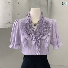 レディース 花 パープル パフスリーブ 半袖 シャツ トップ プリンセス スリムフィット ブルオーバー ファッション
