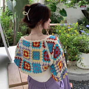 カラフル ポップ ショート丈 短い ミニ丈 アウター ゆったり ニット生地 夏 日焼け防止用 刺繍 カーディガン 軽量 透け感 レトロ ガーリー カントリー