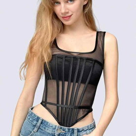 ビスチェ コルセット レディース ベスト 魅力的 セクシー ショート丈 スタイル 黒 ノースリーブ インナー レイヤード スクエアネック ダンサー 透け感