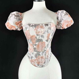 ビスチェ コルセット チャイニーズ プリンセス 高級感 パーティー レトロ フランス パフスリーブ セレブ感 レディース サマー 夏 ローズ バラ柄 フィッシュボーン