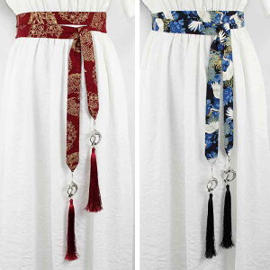 レディース ユニセックス ヘア ウエスト バンド ベルト カチューシャ タッセル コスチューム コスプレ 衣装 中華伝統柄 プリント 鶴 波 桜 色柄20種 アンティーク 長さ2m 幅3cm 汎用的