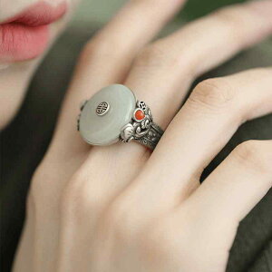 リング 925 シルバー アクセサリー 和田玉 平和 バックル オープン 指輪 サイズ 調整可能 カジュアル 中国 レトロ 高級 個性 シンプル エスニック レディース 軽量 日常使い ギフト